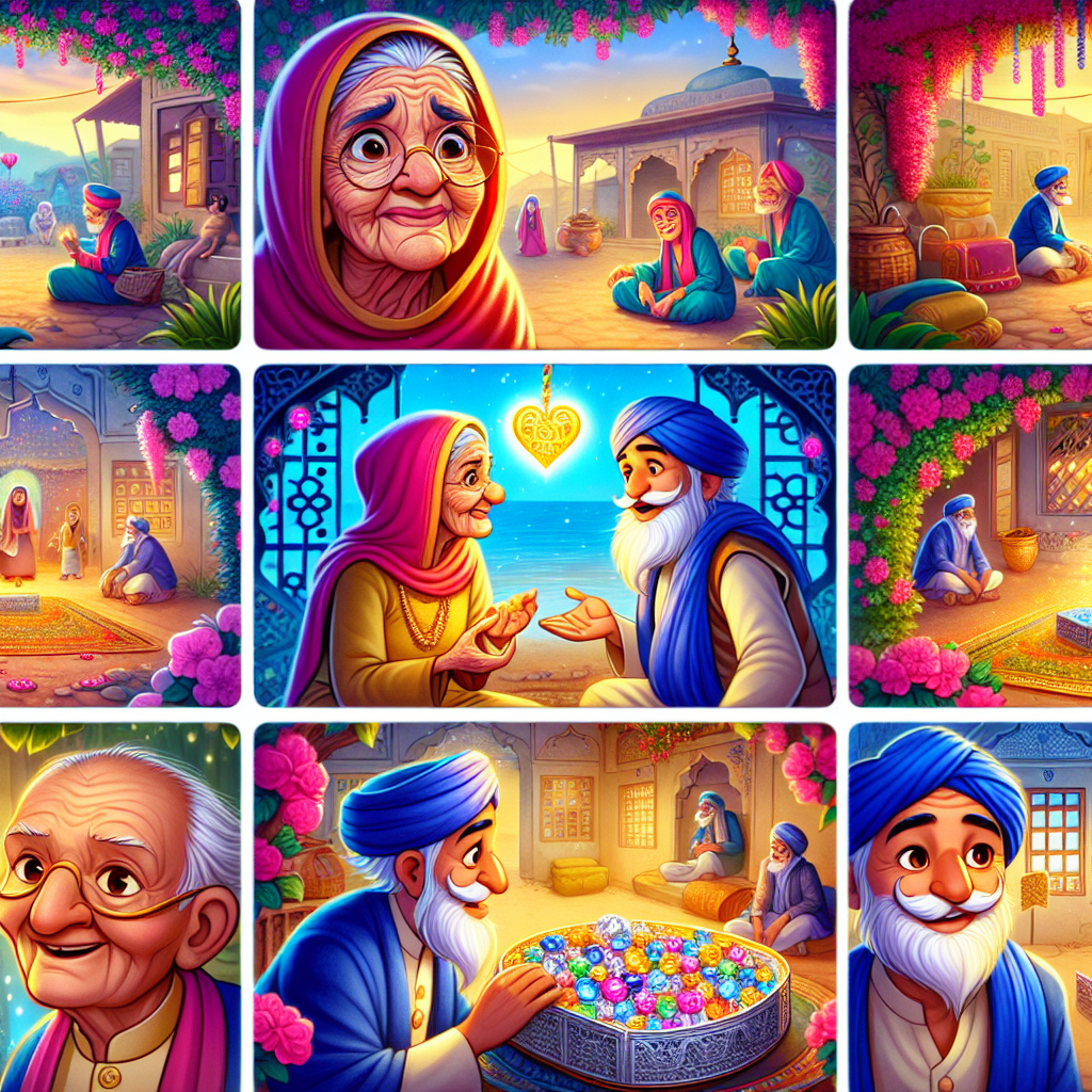 Colorful cartoon storyboard showing 8 key scenes from The Widow and the Sage