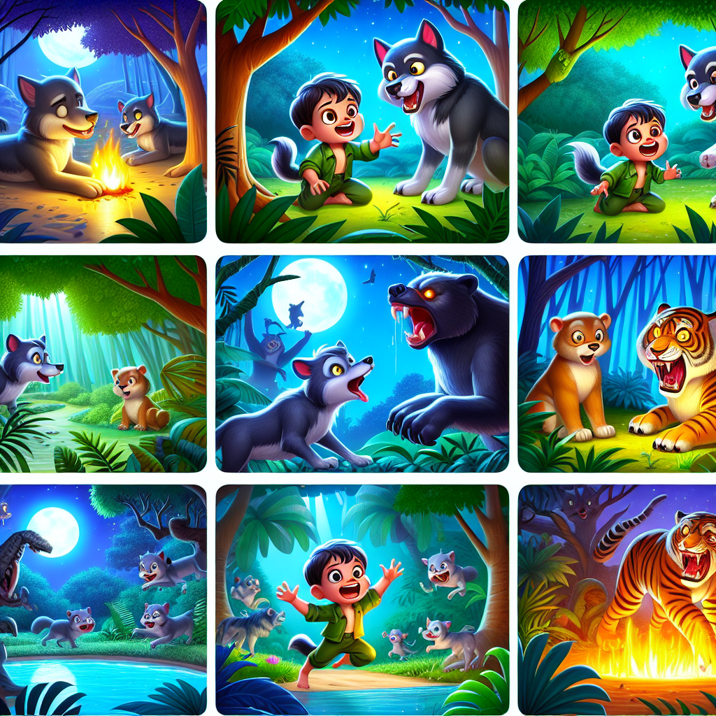 Colorful cartoon storyboard showing 8 key scenes from The Jungle Book