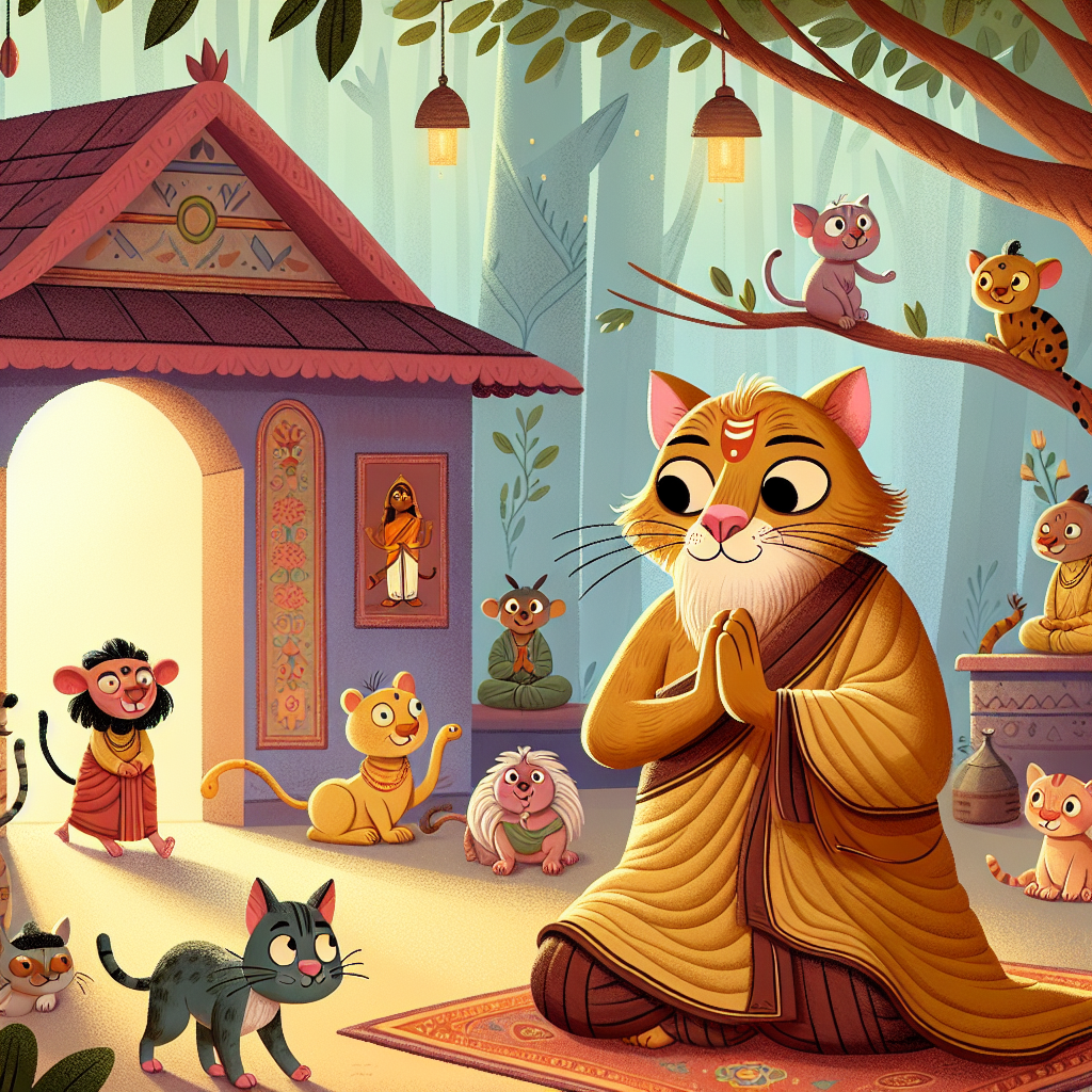 Colorful children's illustration for the story: The Cat and the Mice
