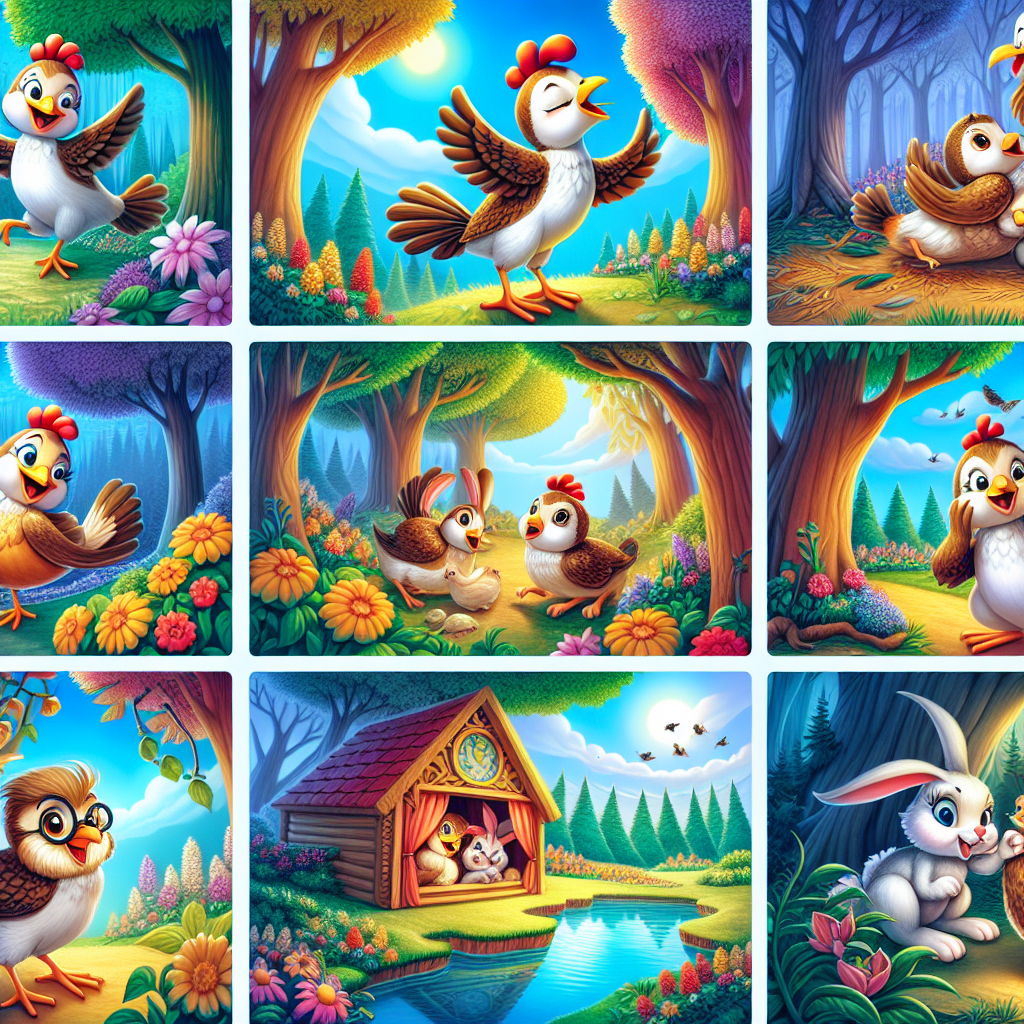 Colorful cartoon storyboard showing 8 key scenes from The Cat and the Mice