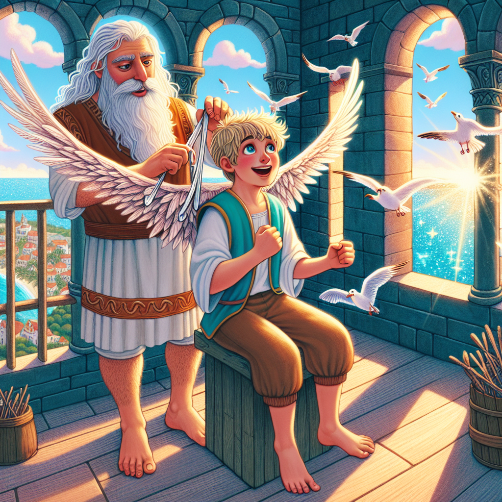 Colorful children's illustration for the story: The Flight of Icarus