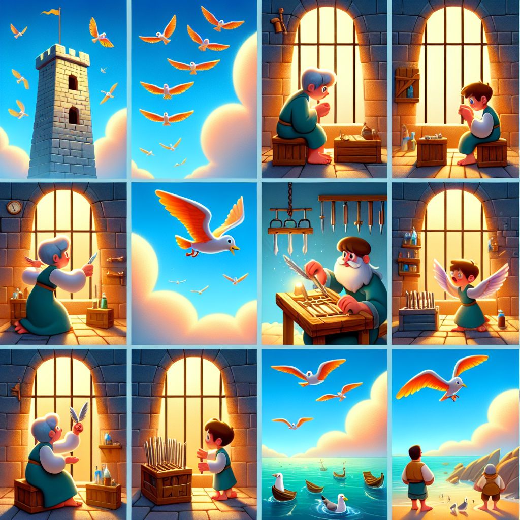 Colorful cartoon storyboard showing 8 key scenes from The Flight of Icarus