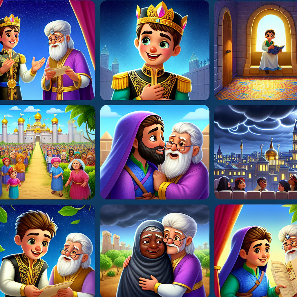 Colorful cartoon storyboard showing 8 key scenes from The Wise Old Man