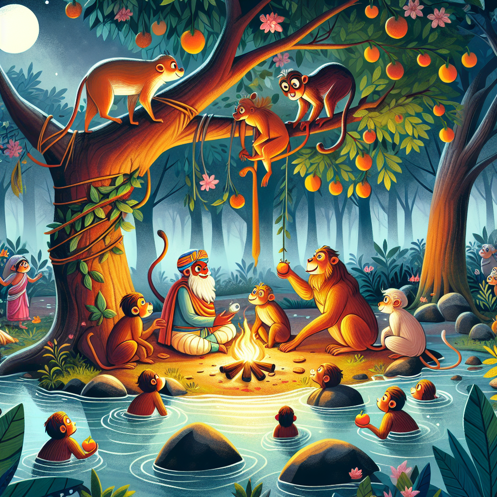 Colorful children's illustration for the story: The Wise Monkey and the Crocodile