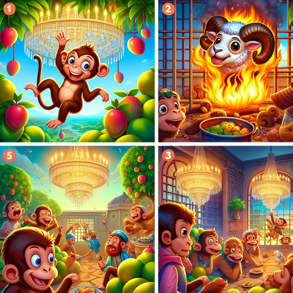 Colorful cartoon storyboard showing 8 key scenes from The Wise Monkey and the Crocodile