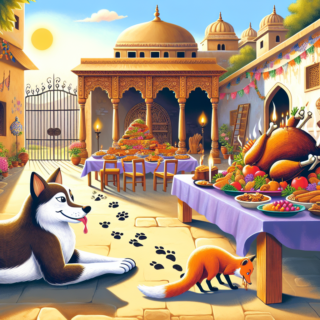 Colorful children's illustration for the story: The Dog and the Lion