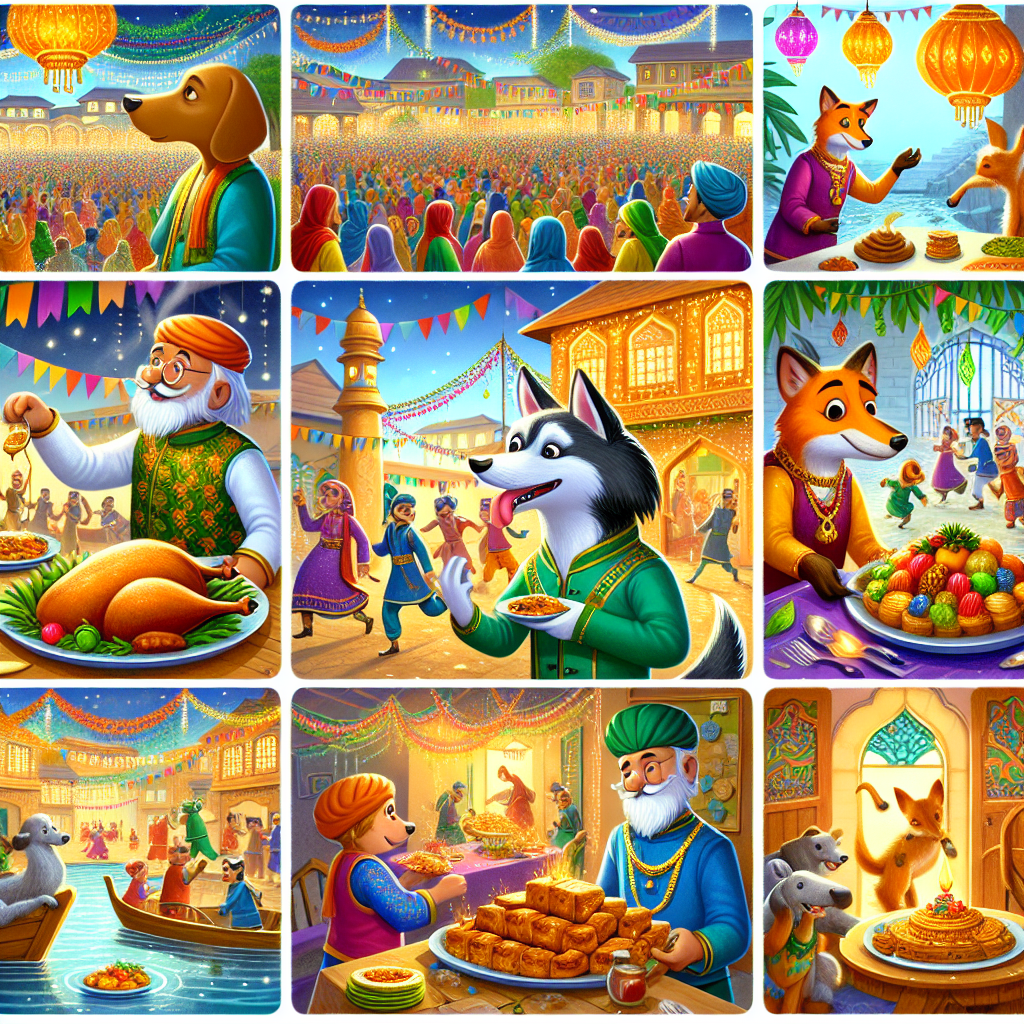 Colorful cartoon storyboard showing 8 key scenes from The Dog and the Lion