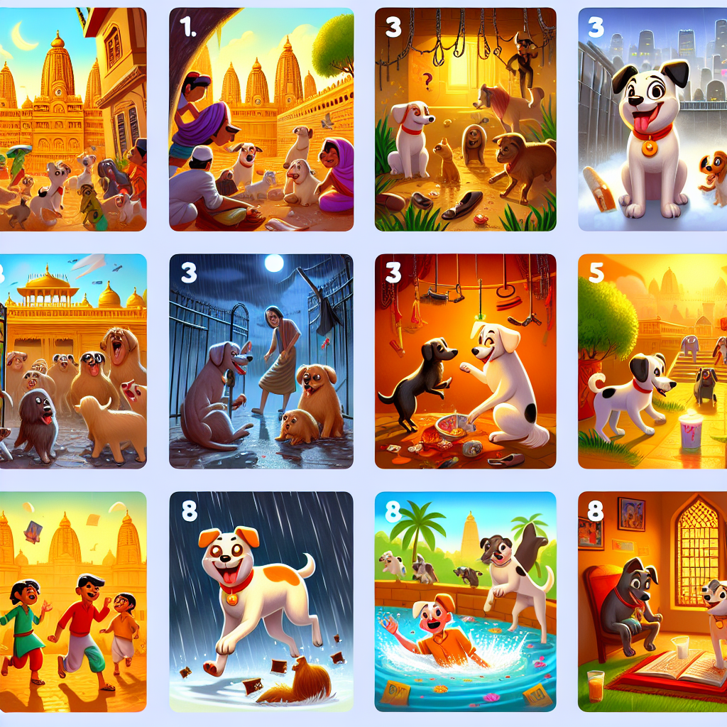 Colorful cartoon storyboard showing 8 key scenes from The Wise Dog of Benares