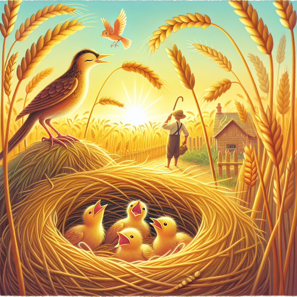Colorful children's illustration for the story: The Lark and Her Young