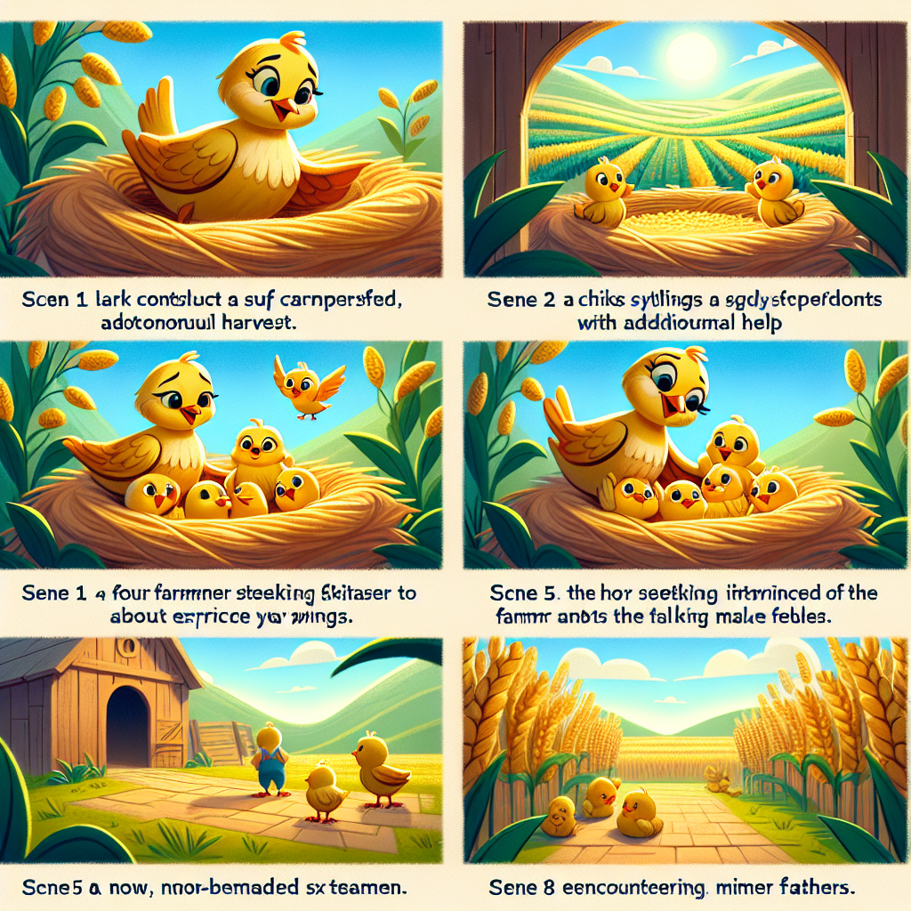 Colorful cartoon storyboard showing 8 key scenes from The Lark and Her Young