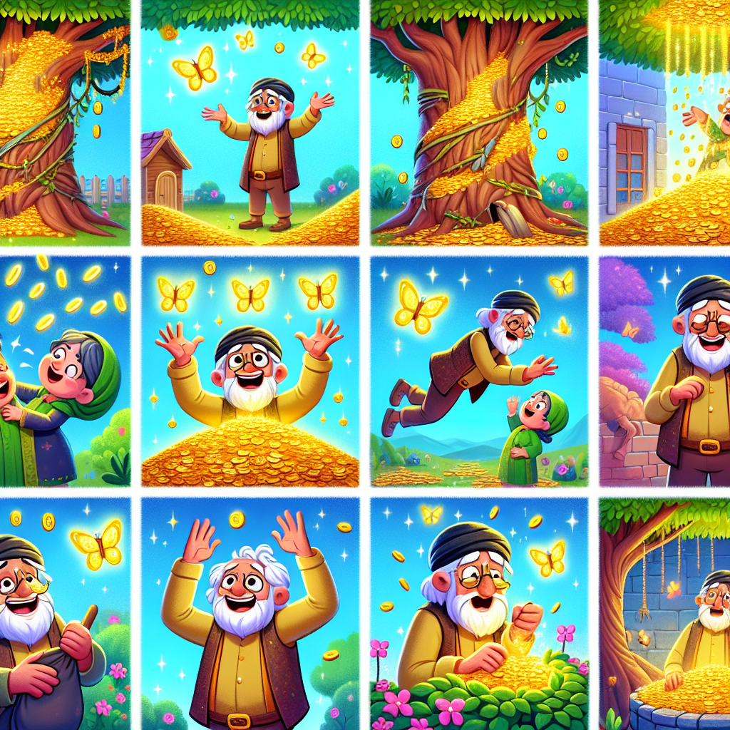Colorful cartoon storyboard showing 8 key scenes from The Wishing Tree