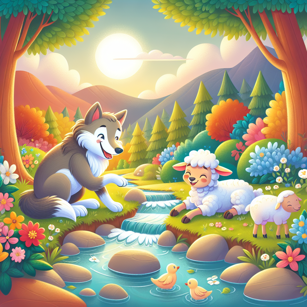 Colorful children's illustration for the story: The Wolf and the Lamb