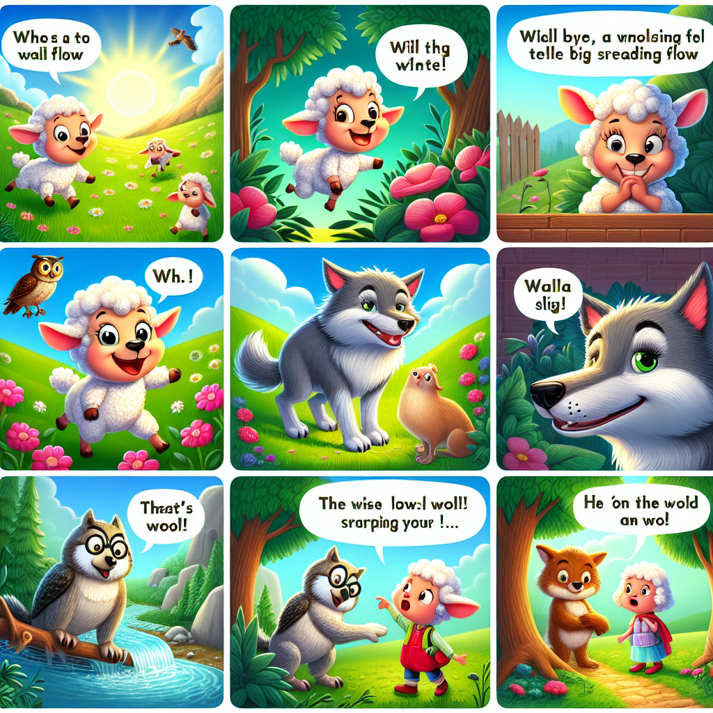 Colorful cartoon storyboard showing 8 key scenes from The Wolf and the Lamb