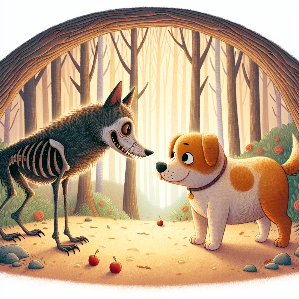 Colorful children's illustration for the story: The Wolf and the Dog