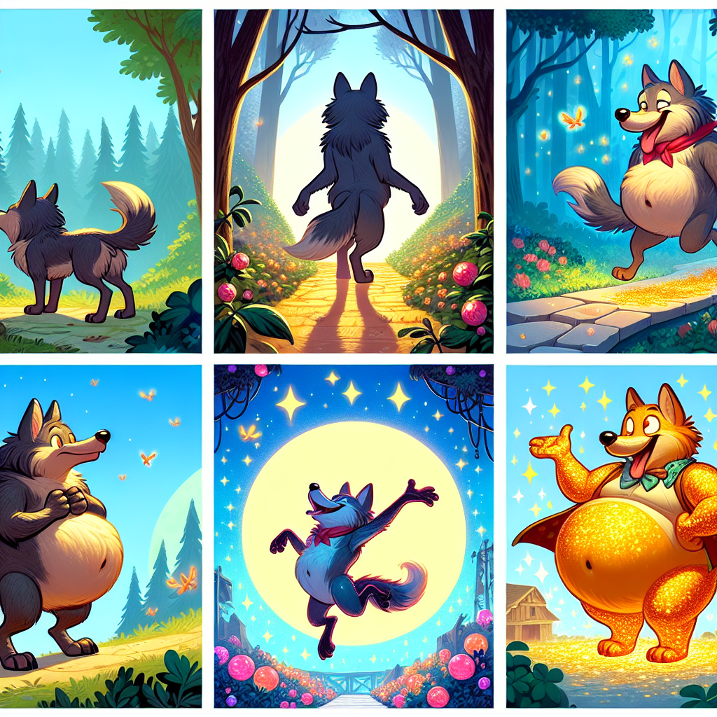 Colorful cartoon storyboard showing 8 key scenes from The Wolf and the Dog