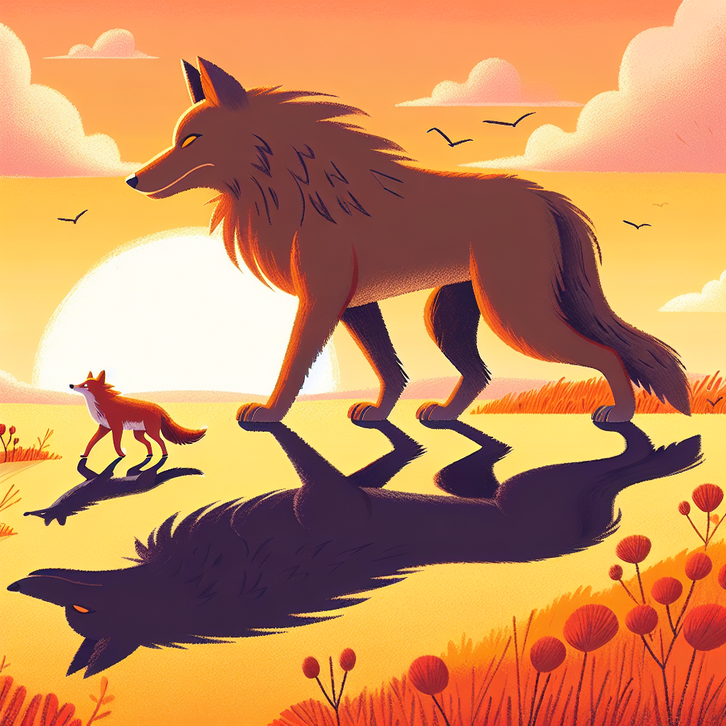 Colorful children's illustration for the story: The Wolf and His Shadow
