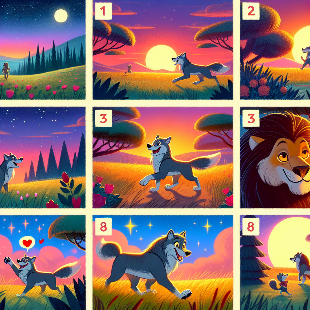 Colorful cartoon storyboard showing 8 key scenes from The Wolf and His Shadow