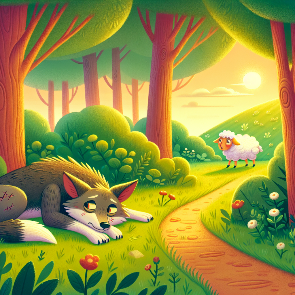 Colorful children's illustration for the story: The Wolf and the Sheep