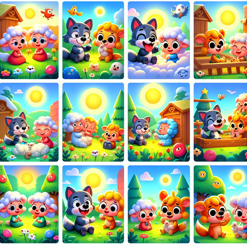 Colorful cartoon storyboard showing 8 key scenes from The Wolf and the Sheep