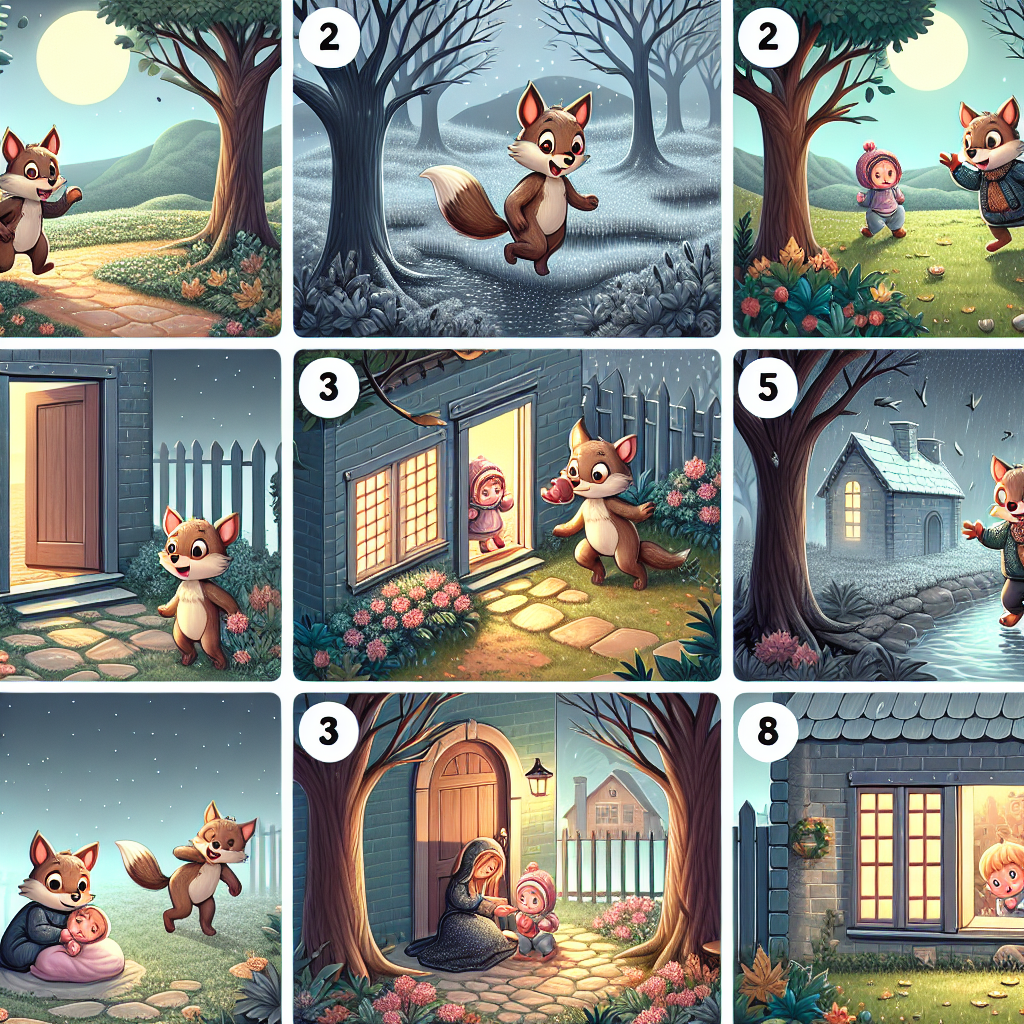 Colorful cartoon storyboard showing 8 key scenes from The Wolf and the Baby