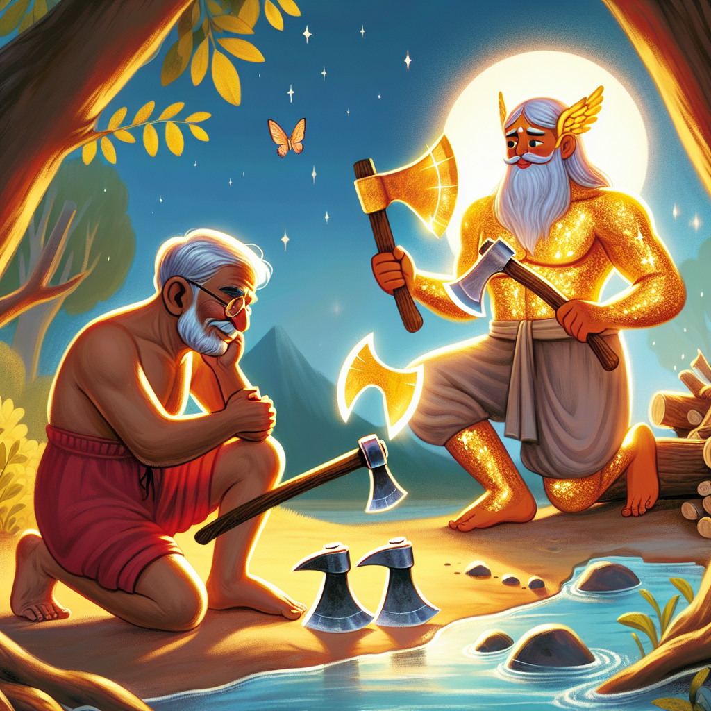 Colorful children's illustration for the story: The Woodcutter and His Axes