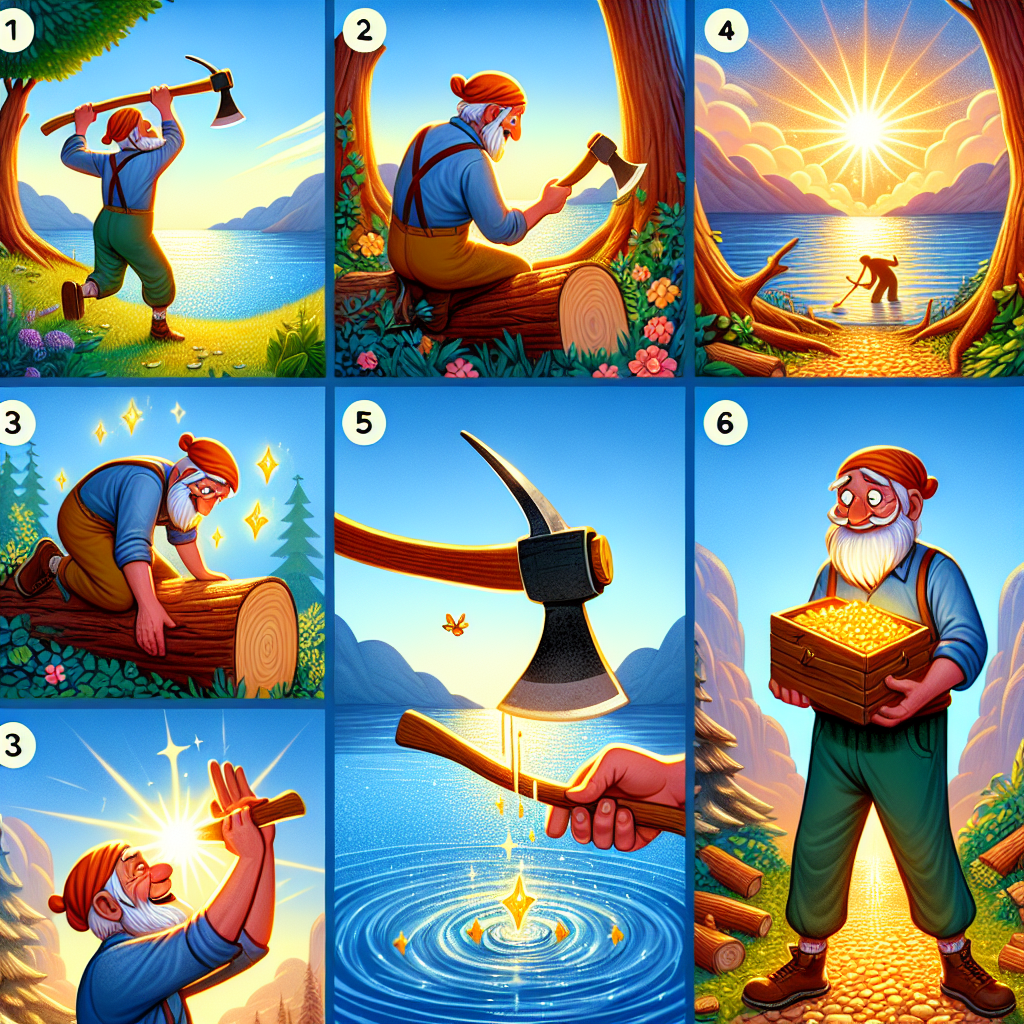 Colorful cartoon storyboard showing 8 key scenes from The Woodcutter and His Axes