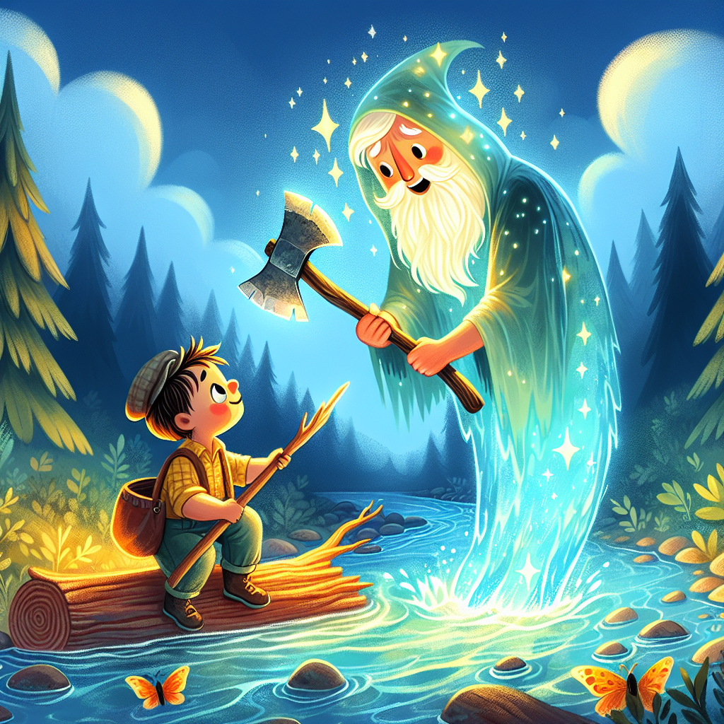 Colorful children's illustration for the story: The Honest Woodcutter