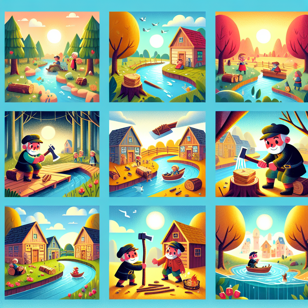 Colorful cartoon storyboard showing 8 key scenes from The Honest Woodcutter
