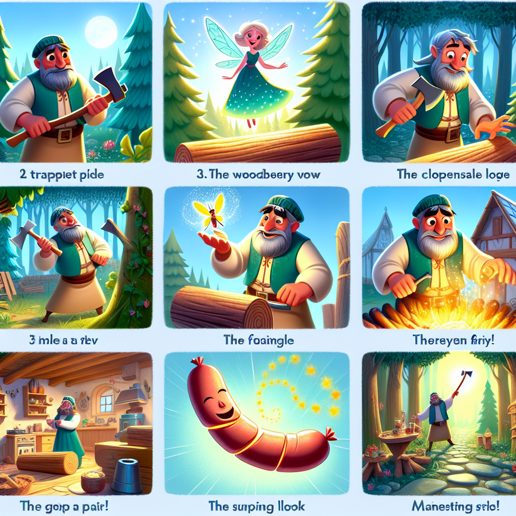 Colorful cartoon storyboard showing 8 key scenes from The Woodcutter and the Fairy