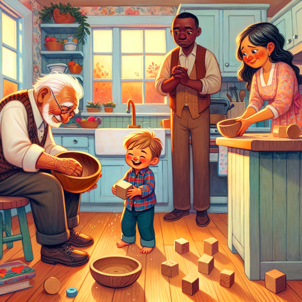 Colorful children's illustration for the story: The Wooden Bowl