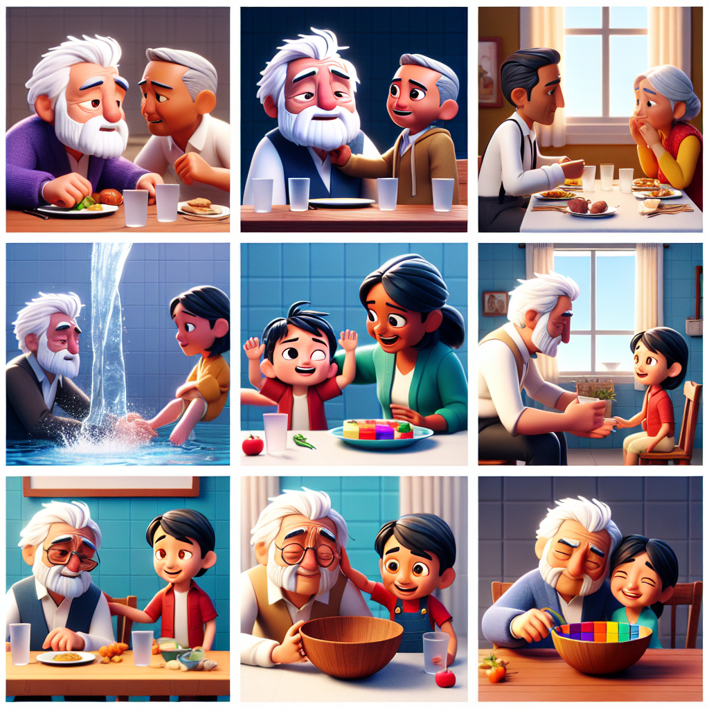 Colorful cartoon storyboard showing 8 key scenes from The Wooden Bowl