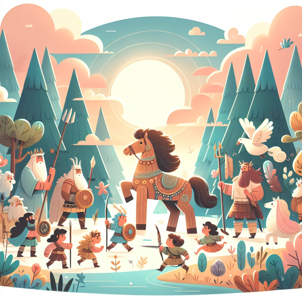 Colorful children's illustration for the story: The Trojan Horse