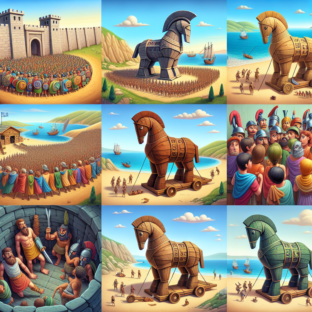 Colorful cartoon storyboard showing 8 key scenes from The Trojan Horse