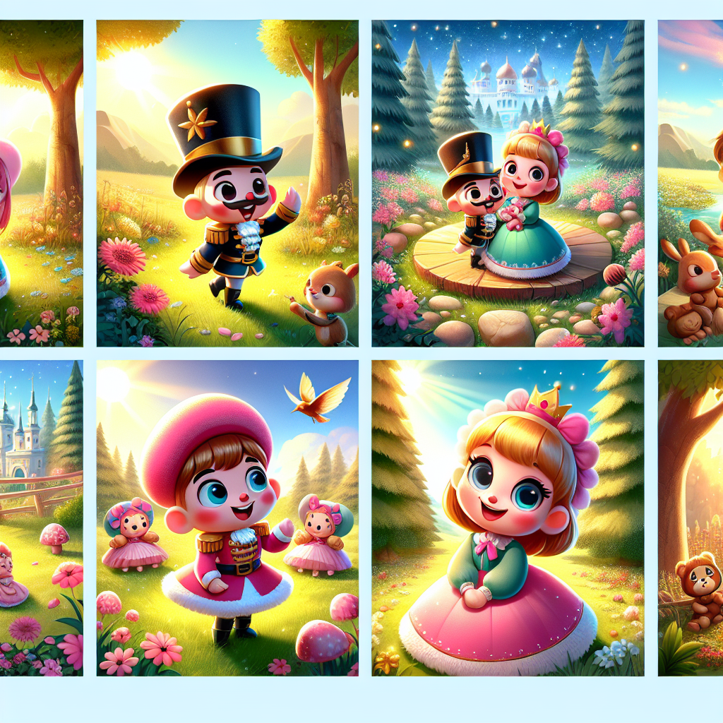 Colorful cartoon storyboard showing 8 key scenes from The Nutcracker