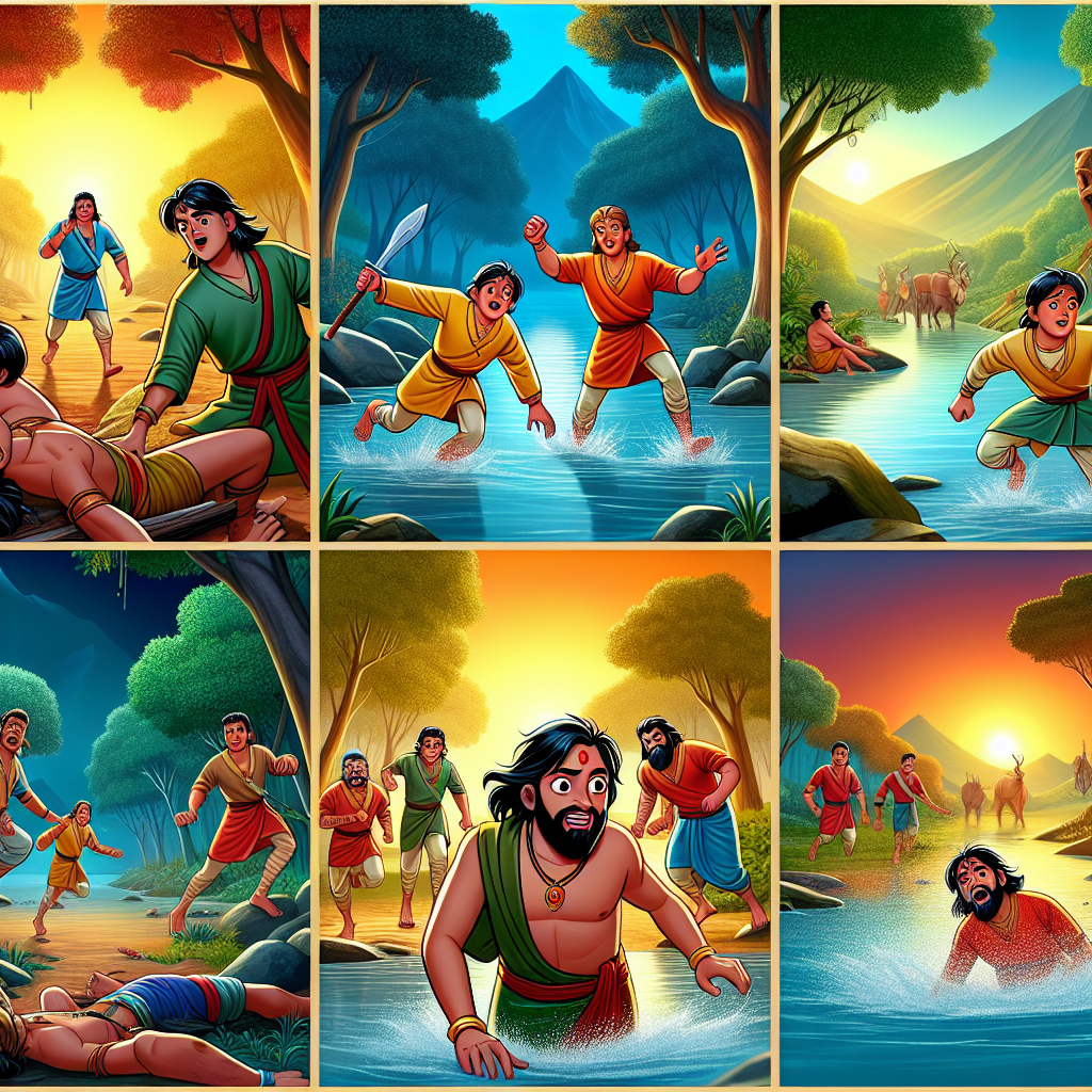 Colorful cartoon storyboard showing 8 key scenes from The Yaksha's Questions