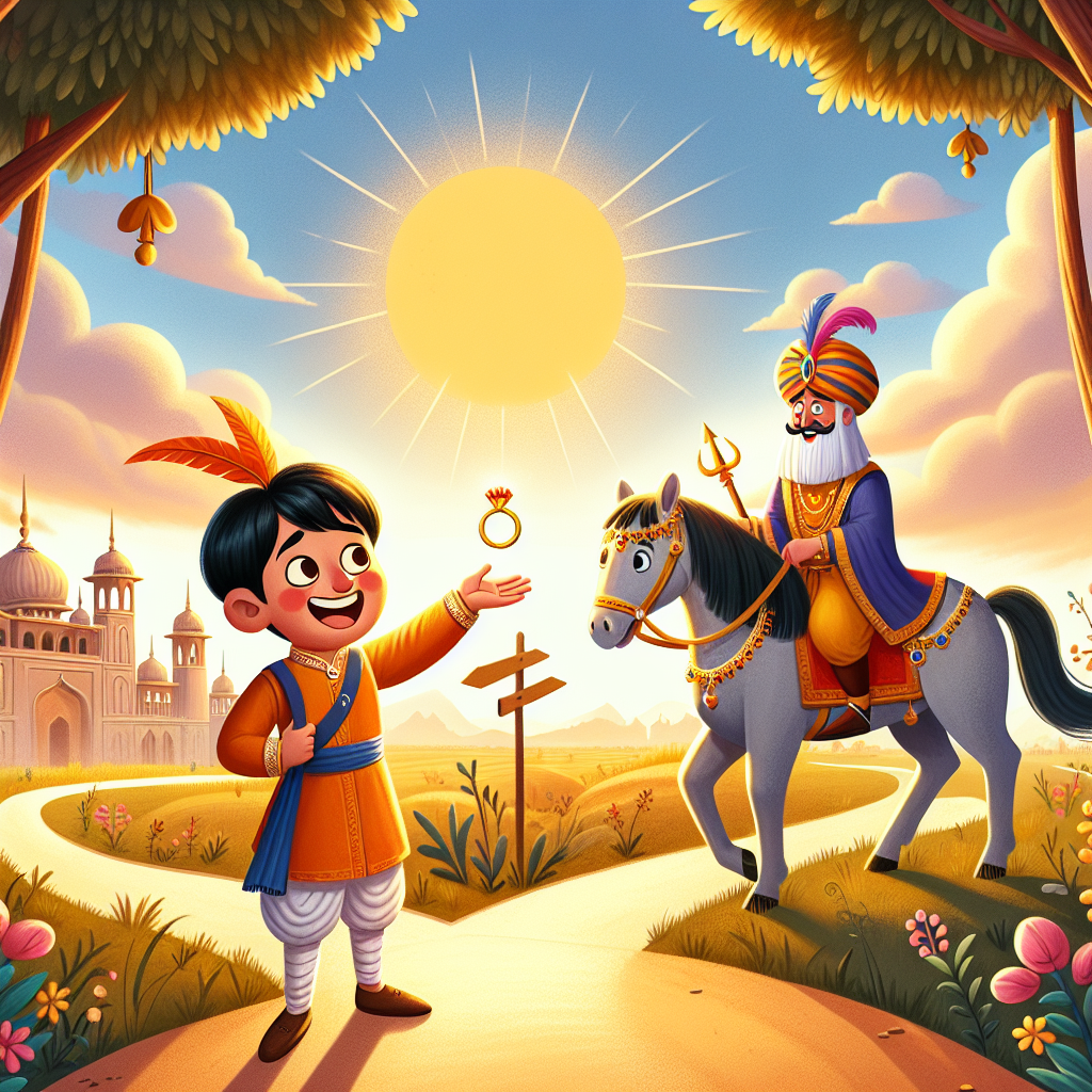 Colorful children's illustration for the story: The Clever Boy at the Crossroads