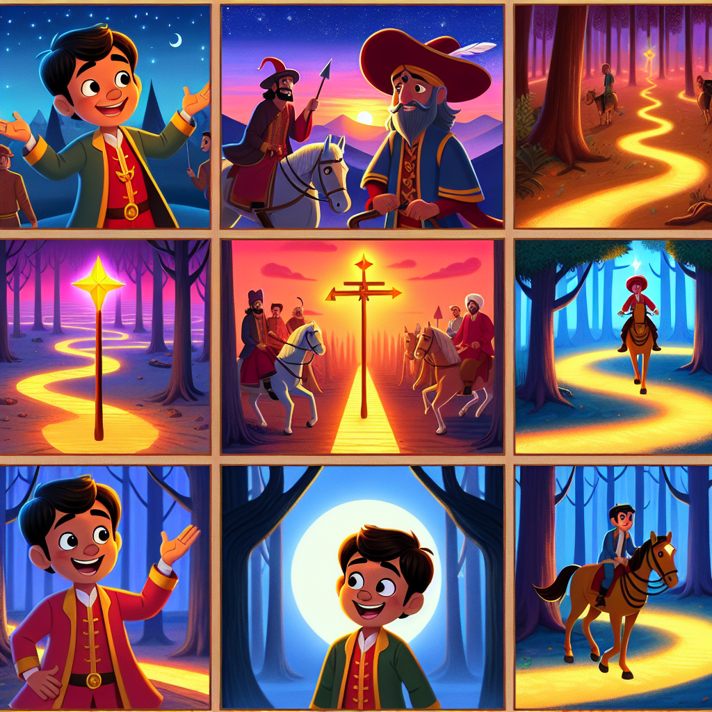 Colorful cartoon storyboard showing 8 key scenes from The Clever Boy at the Crossroads