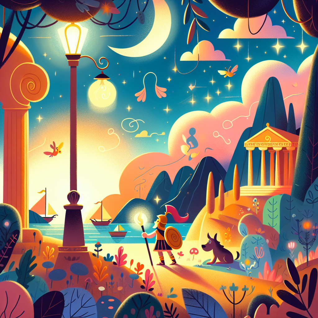 Colorful children's illustration for the story: Theseus and the Minotaur