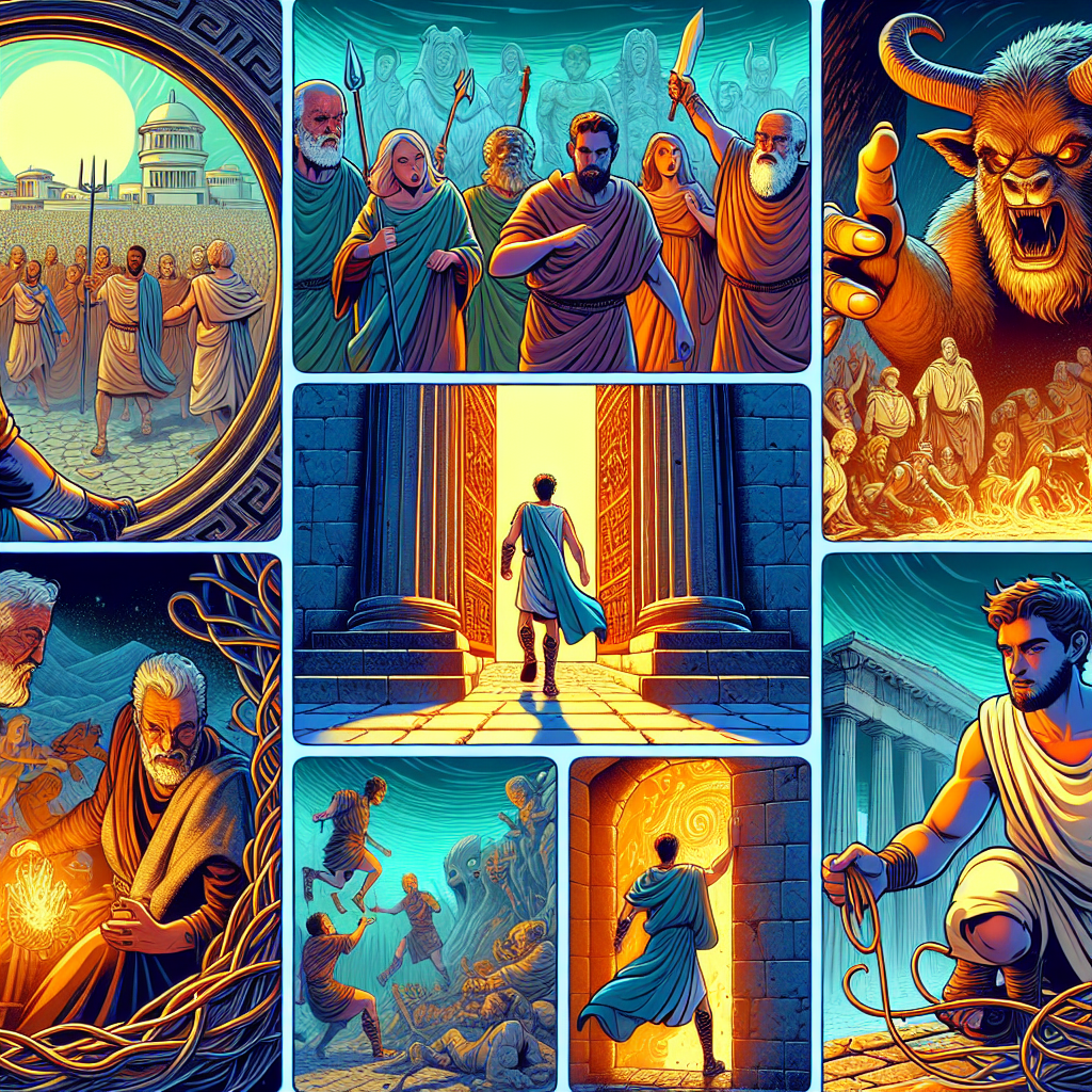 Colorful cartoon storyboard showing 8 key scenes from Theseus and the Minotaur