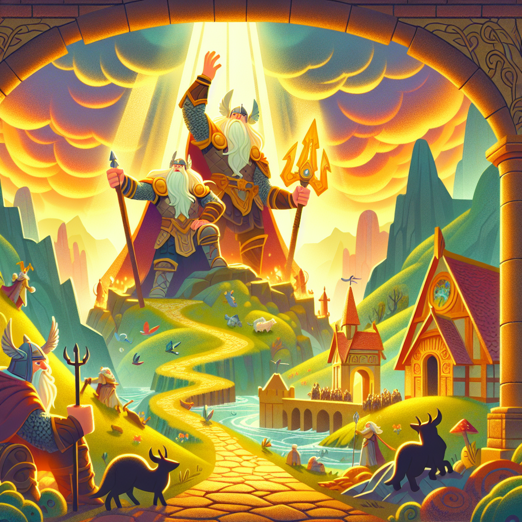 Colorful children's illustration for the story: Thor's Contest of Strength