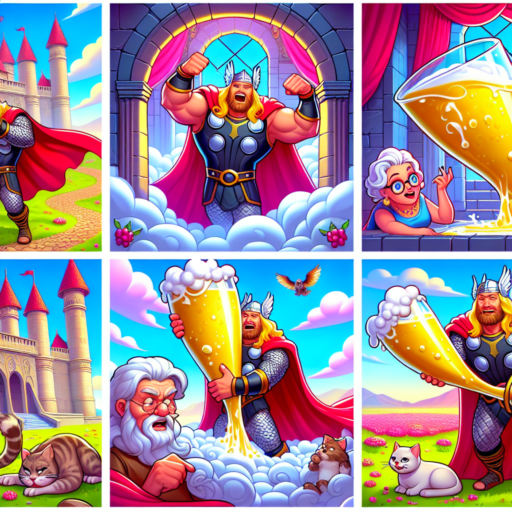 Colorful cartoon storyboard showing 8 key scenes from Thor's Contest of Strength