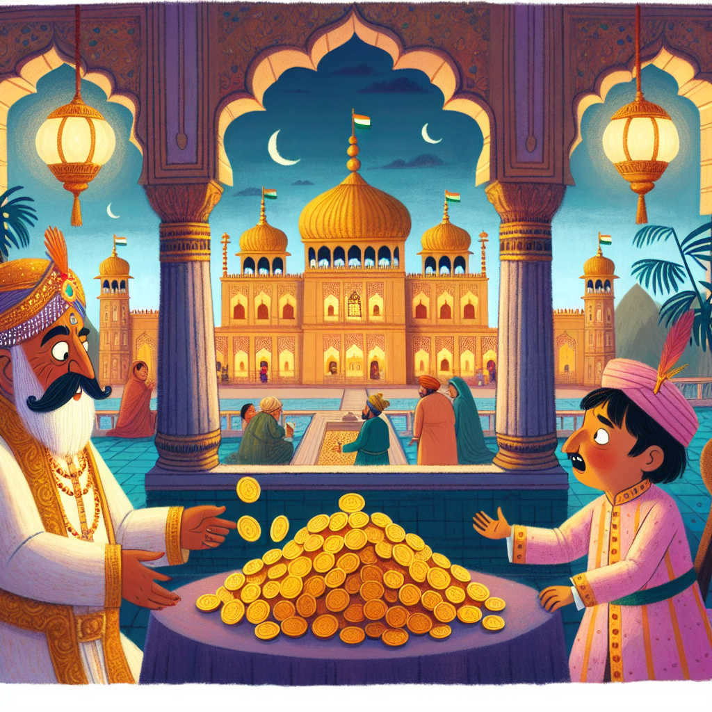 Colorful children's illustration for the story: The Three Hundred Gold Coins