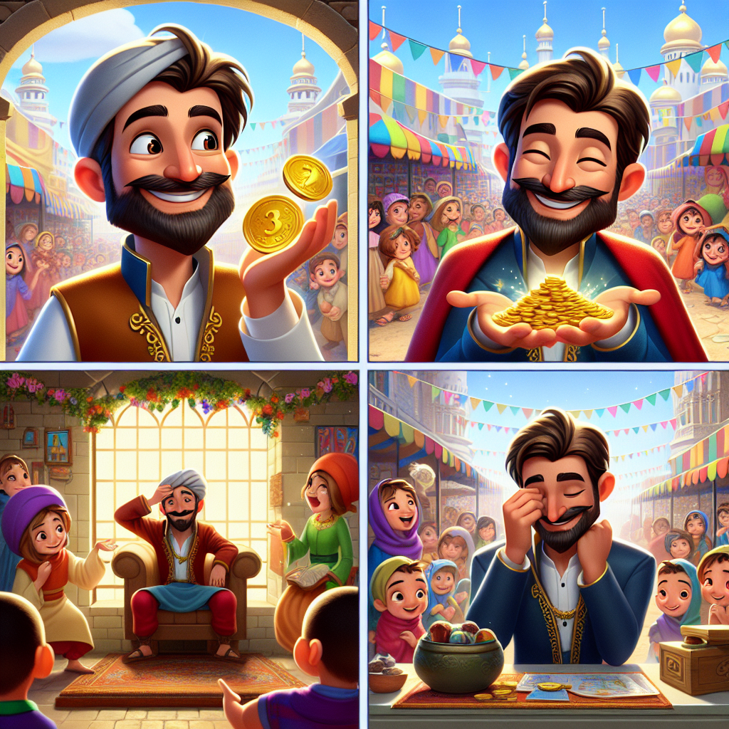 Colorful cartoon storyboard showing 8 key scenes from The Three Hundred Gold Coins