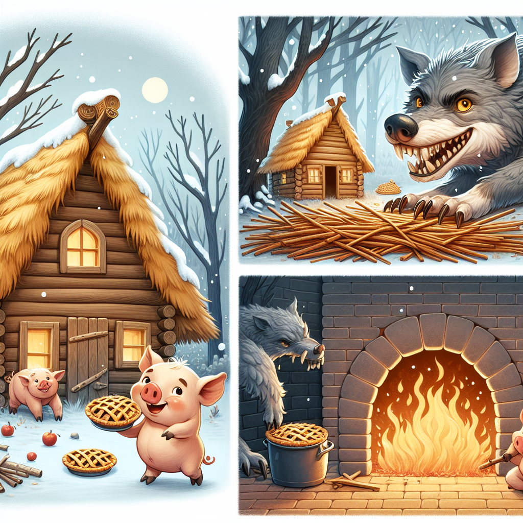 Colorful children's illustration for the story: The Three Little Pigs