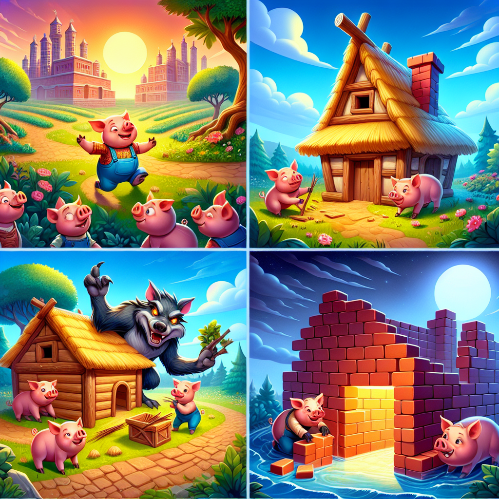 Colorful cartoon storyboard showing 8 key scenes from The Three Little Pigs