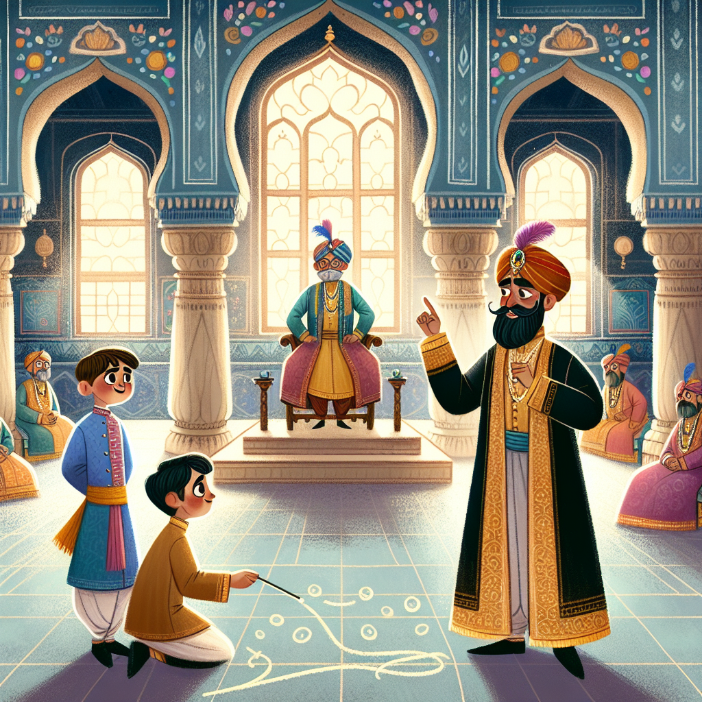 Colorful children's illustration for the story: Birbal's Three Clever Questions
