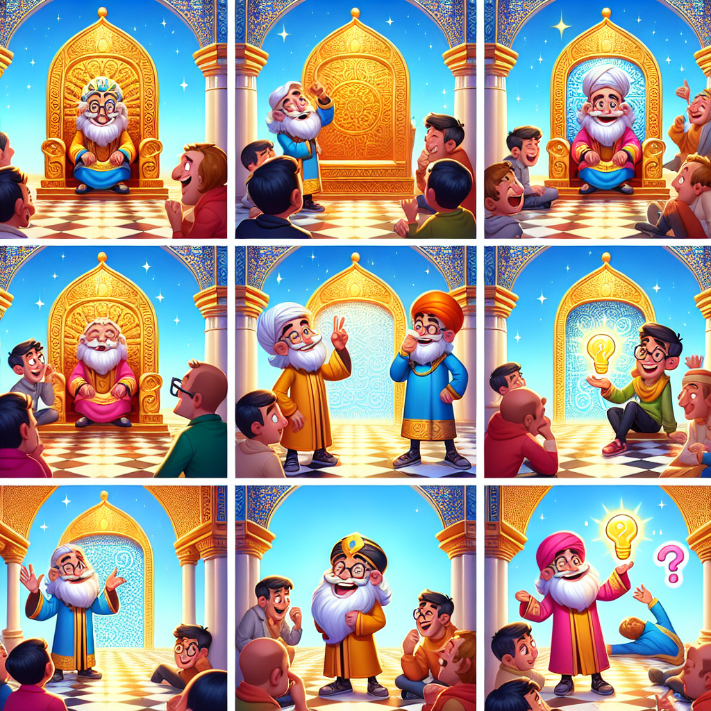 Colorful cartoon storyboard showing 8 key scenes from Birbal's Three Clever Questions