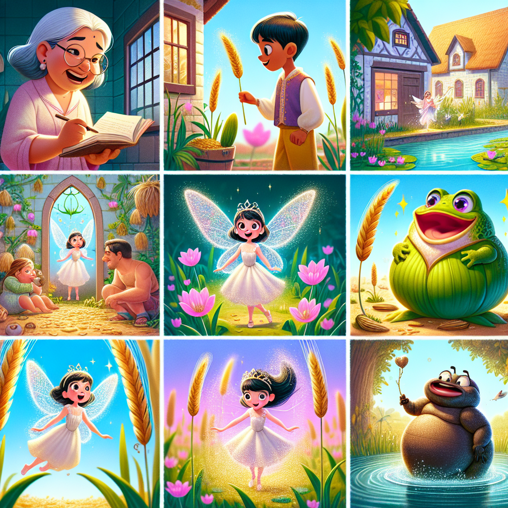 Colorful cartoon storyboard showing 8 key scenes from Thumbelina