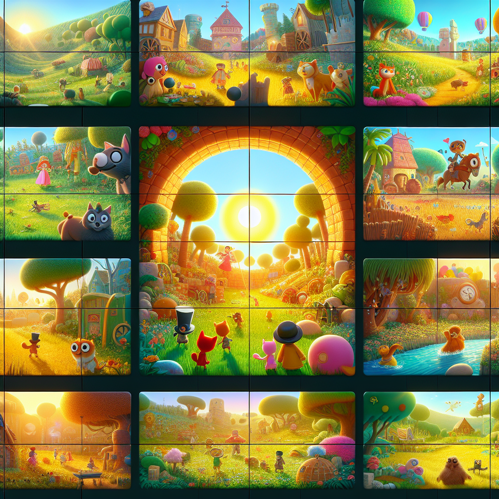 Colorful cartoon storyboard showing 8 key scenes from Gulliver's Travels