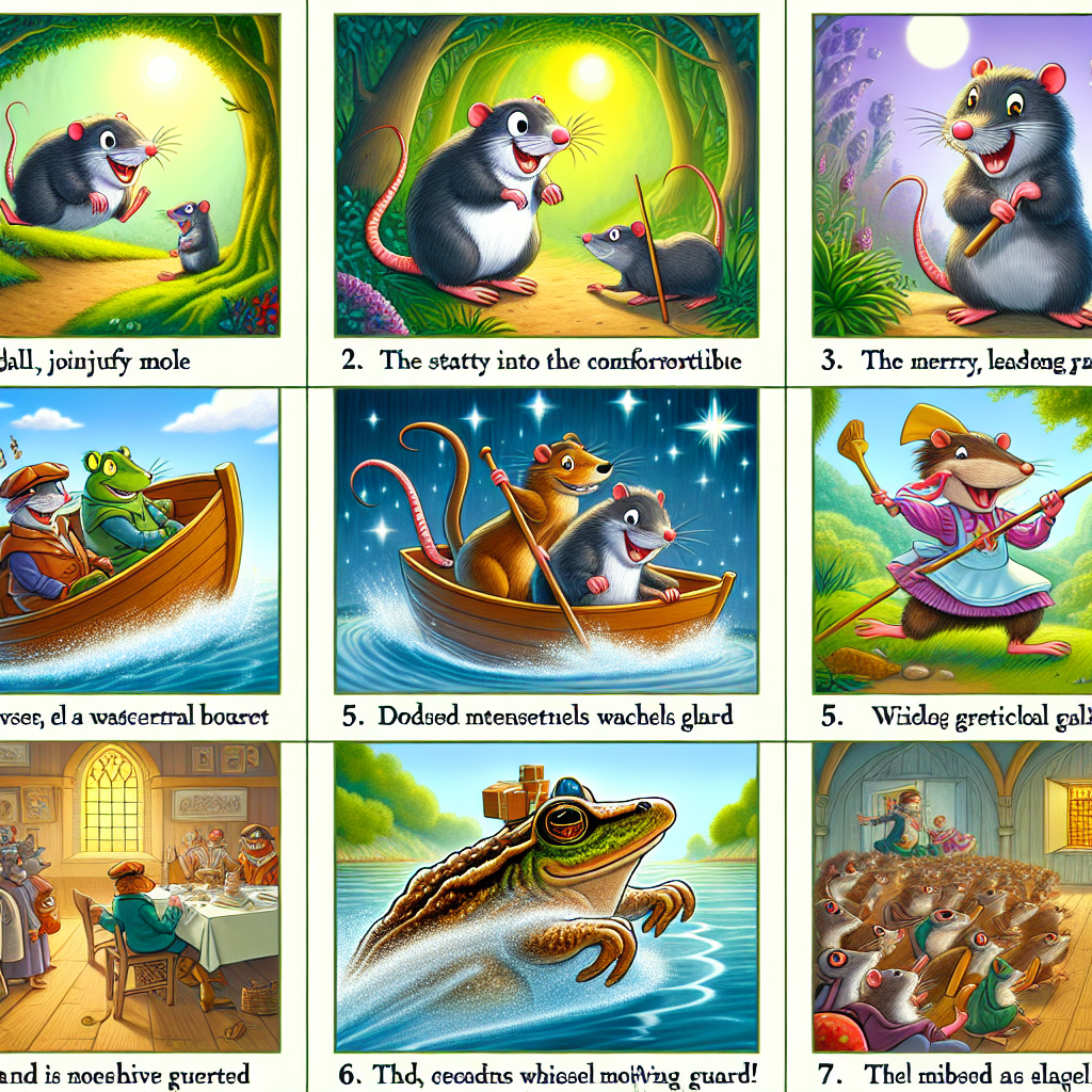Colorful cartoon storyboard showing 8 key scenes from The Wind in the Willows